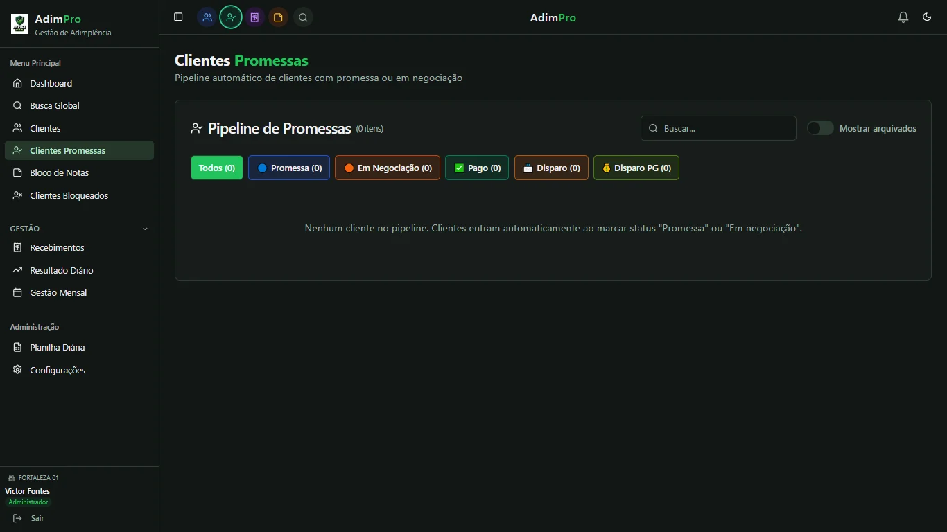 Pipeline de clientes do AdimPro organizado por status de atendimento