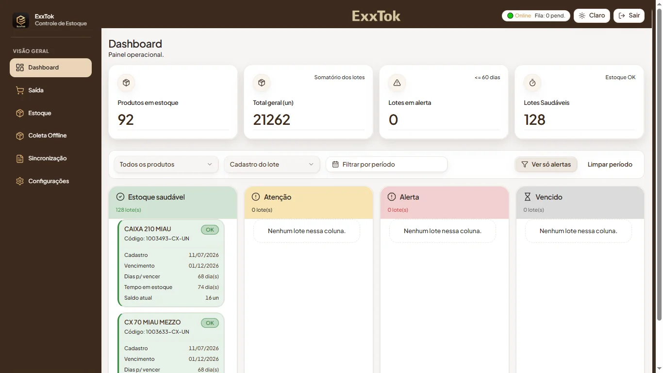 Dashboard do ExxTok com indicadores e kanban de vencimentos