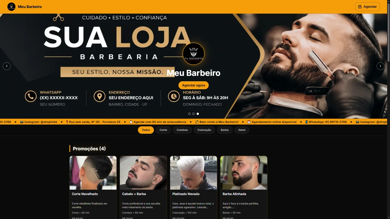 Exemplo de página de barbearia e agendamento criada no ShopLink