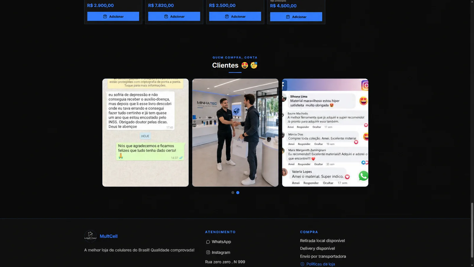 Seção de avaliações e atendimento de site personalizado